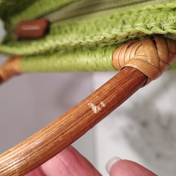 Fossil Straw Mini Satchel Bag Purse Green Double Handle Wood Zip Top - Picture 8 of 14